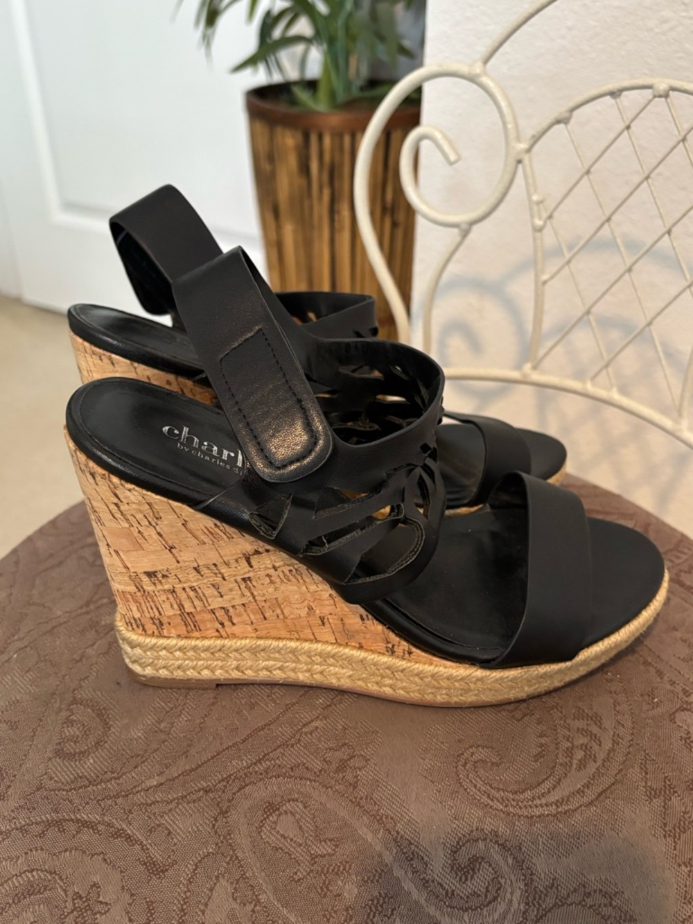 Charles By Charles David Black Leather Espadrille Wedges. Sz 5